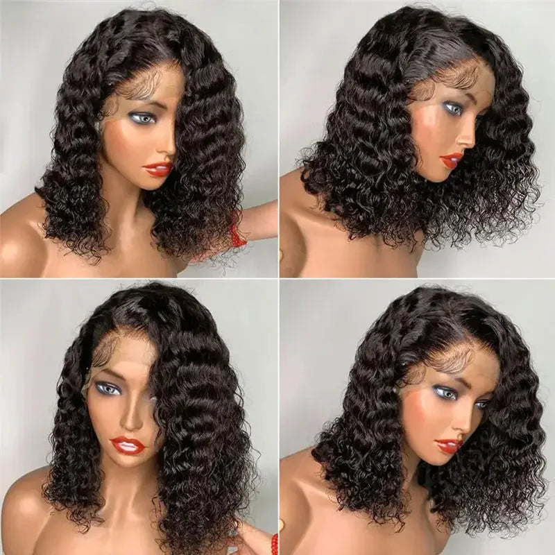 Deep Wave 180% Density Pre-Plucked Side Part Short Bob 13*4 Lace Frontal Brazilian Virgin Human Hair Wigs For Black Woman